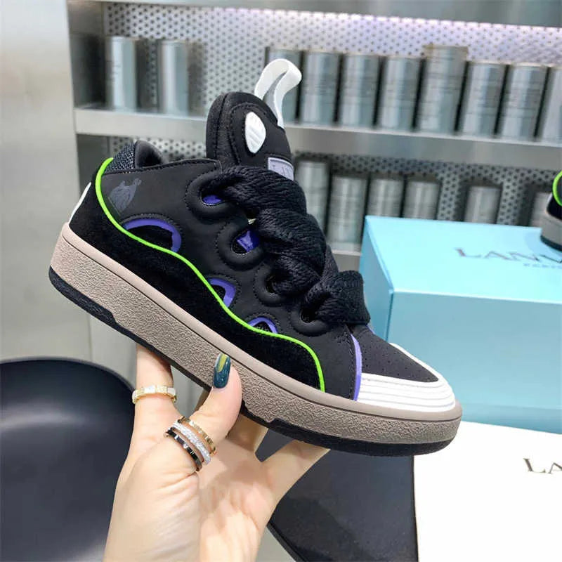 Lanvins graffiti daddy shoes men and women couples painted skateboard shoes moral training shoes thick sole bread sneakers spray paint