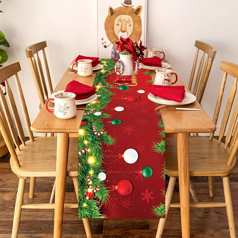 1pc, Christmas Polyester Table Runner, 70.87*13.78inch, Small Spherical Pendant Pattern Table Cover, Merry Christmas Decoration Table Flag, Xmas Gifts, Christmas Desktop Decoration, Happy New Year Decor, Natal Noel Navidad