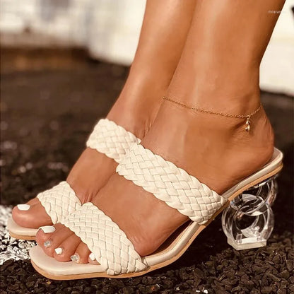 Slippers Women Weave Woman Summer Transparent High Heels Female Square Toe Slides Ladies Casual Fashion Shoes Footwear