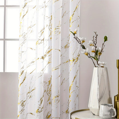 2pcs Golden Marble Printed Semi Blackout Sheer Curtains For Living Room & Bedroom Office Window Decoration Home Decor