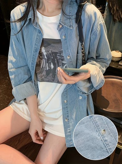 Women's Casual Long Sleeve Denim Button-Up Shirt Jacket, Fall/Winter Fashion Outerwear – Plain Light Blue