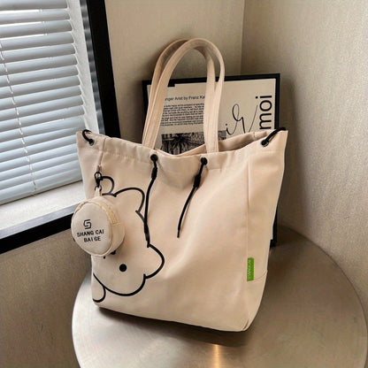 Adorable Cartoon Bear Canvas Tote Bag - Stylish & Durable Shoulder Bag with Matching Mini Coin Purse for Everyday Chic