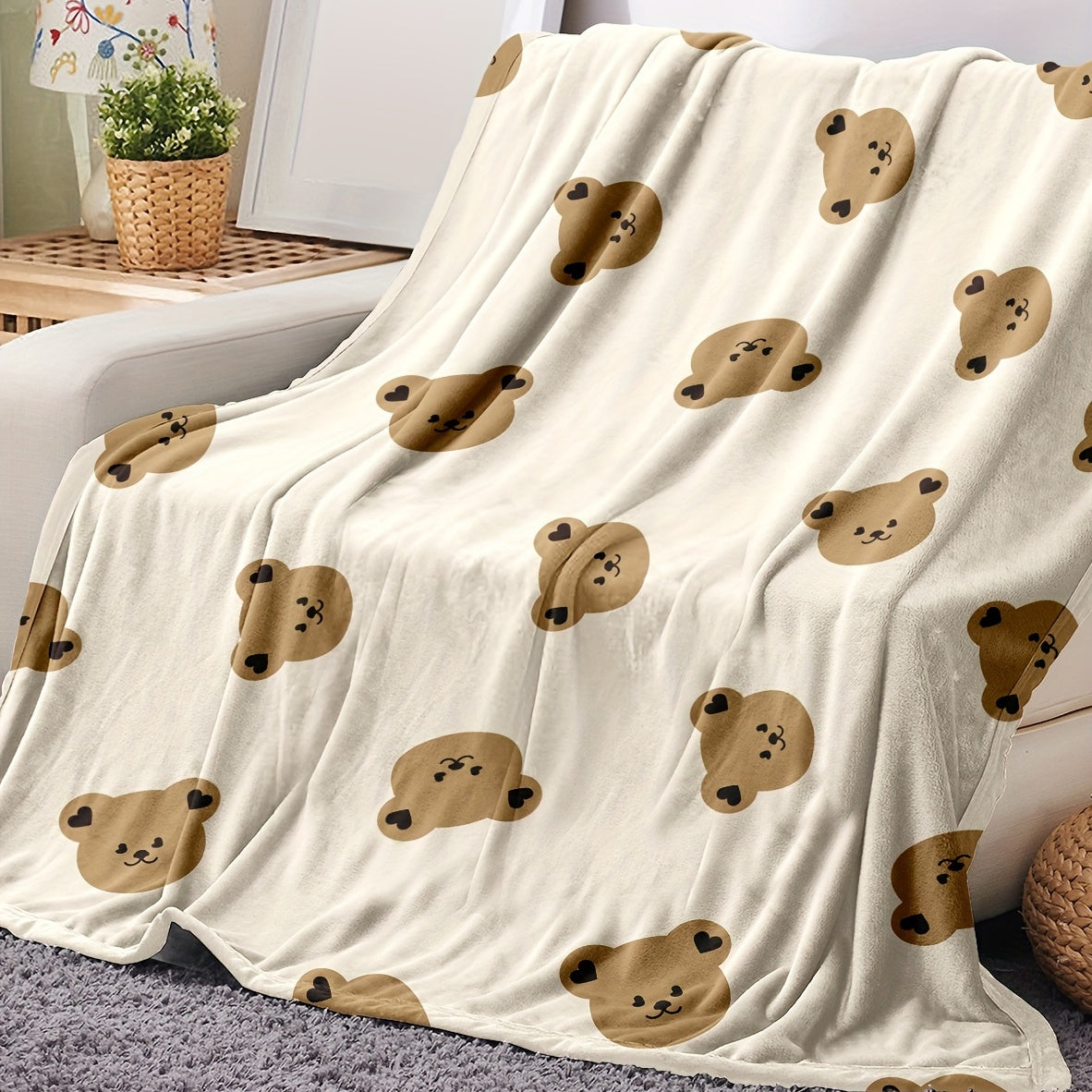 1pc Cartoon Bear Print Flannel Blanket, Soft Cozy Throw Blanket Nap Blanket For Travel Sofa Bed Office Home Decor, Birthday Holiday Gift Blanket For Adults, Available All Season