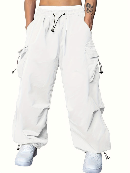 Men's Solid Color Baggy Cargo Pants With Drawstrings, Multi-pocket Casual Stylish Outdoor Trousers As Gift