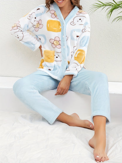 Cartoon Bear Print Pajama Set, Cute Long Sleeve Buttons Top & Elastic Waistband Pants, Women's Sleepwear & Loungewear