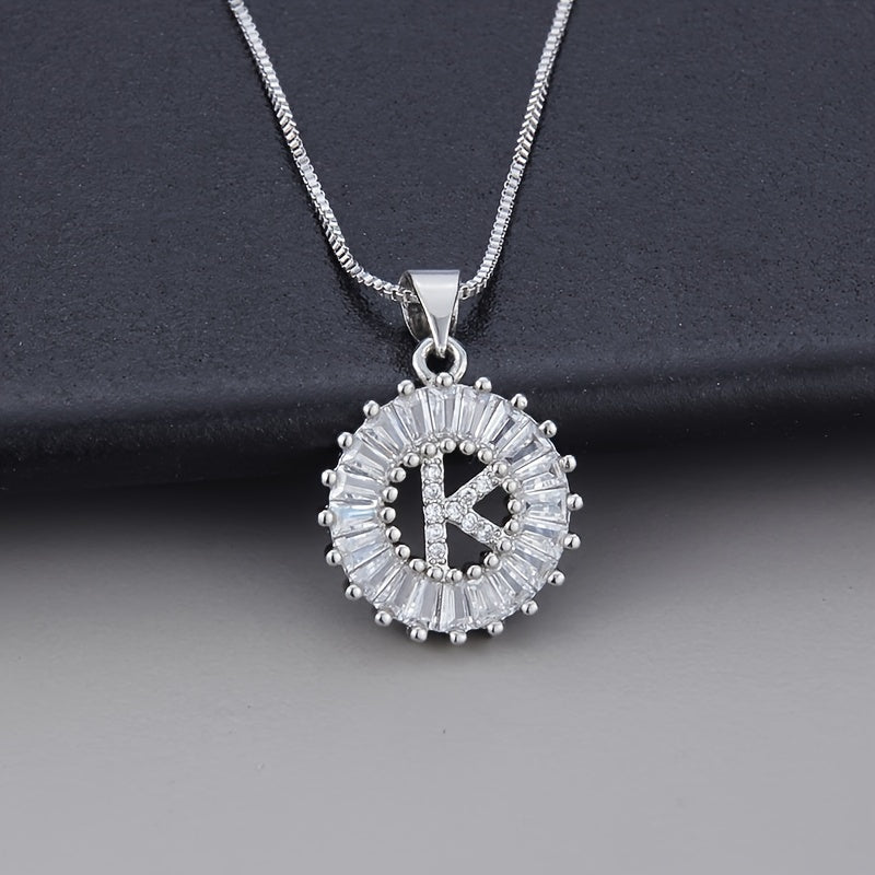 Silver Color Round Small 26 Letters Pendant Necklace Inlaid Zircon Women's Elegant Jewelry Gift