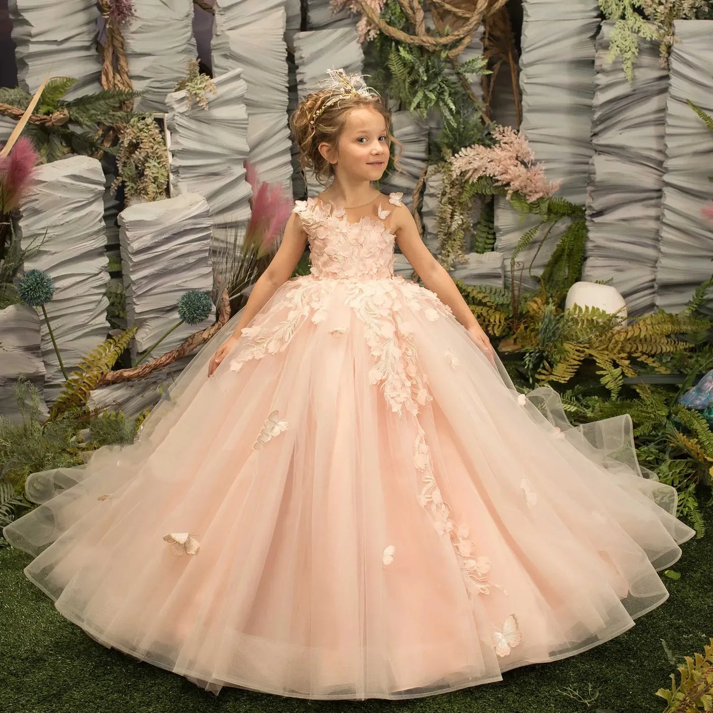 Peach Flower Girl Dress Lilac Ivory Tulle Lace Ballgown First Communion Gown Little Kid Infant Toddler Christening Baptism Junior Bridesmaid Wedding Guest