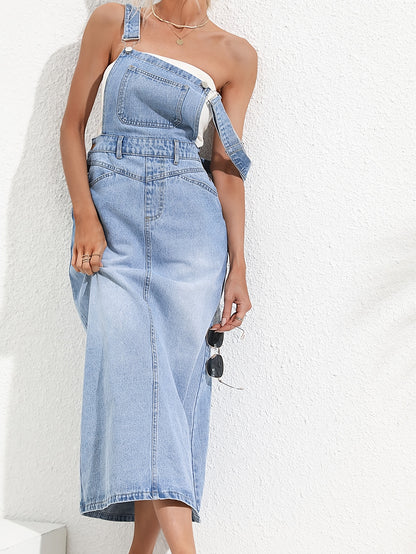 Women's Casual Denim Overalls Dress, Stylish Fashion Full Length Jean Pinafore With Adjustable Straps, Versatile Dress-Up For Daily Wear For Fall & Winter