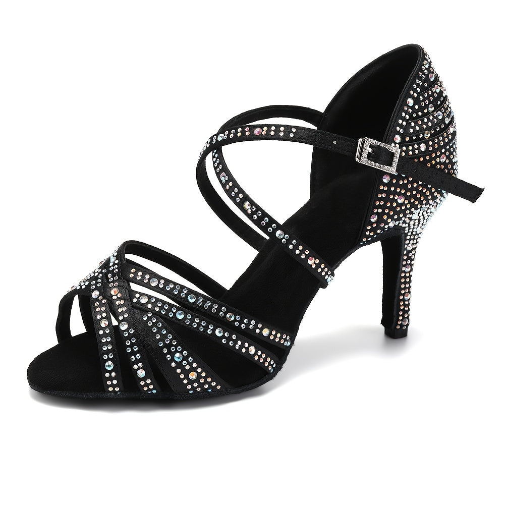 Dazzling Rhinestone Latin Dance Shoes for Women - Shimmering Glitter, Secure Cross Straps, Ideal for Salsa, Balloon Dances & Evening Performances