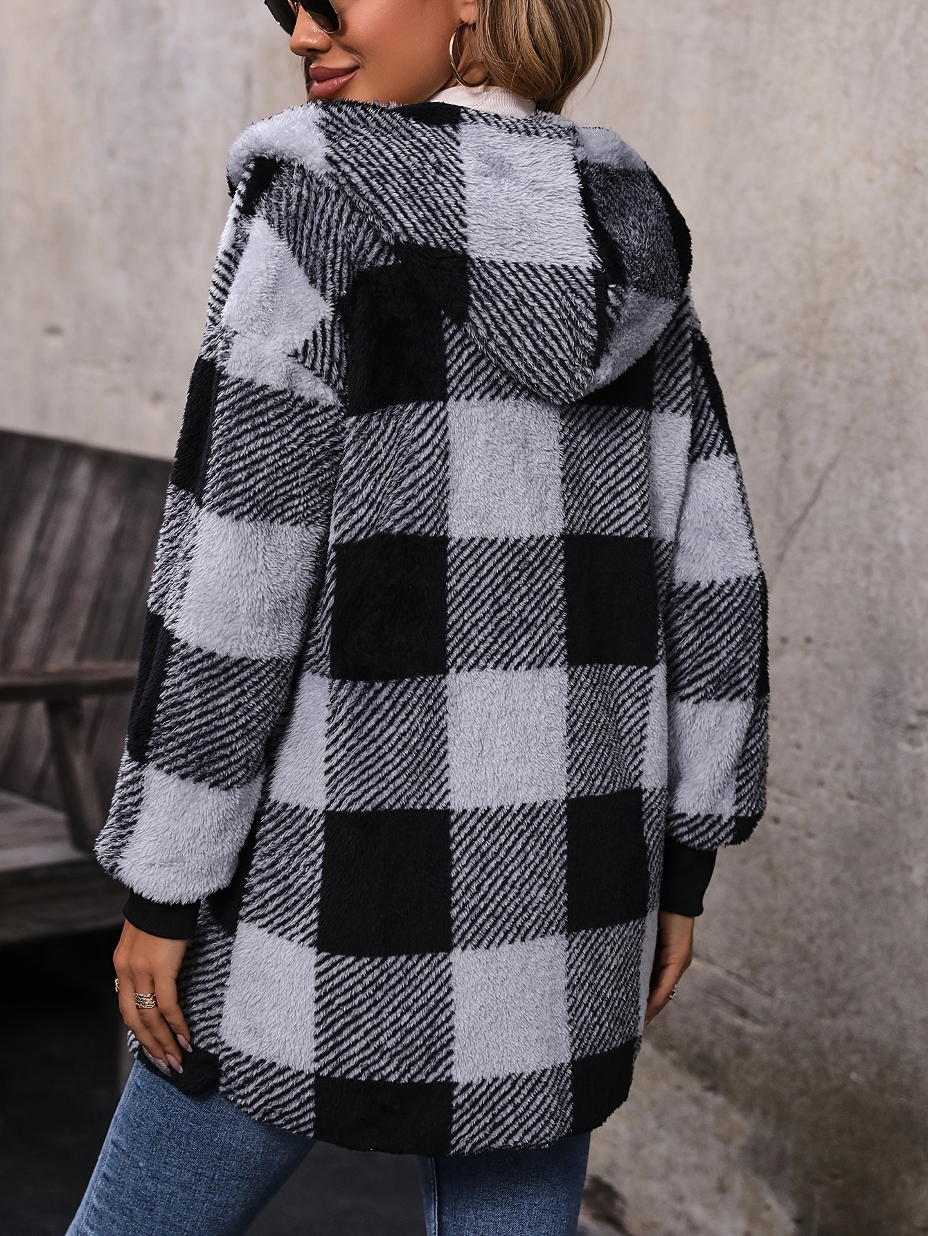 Women's Cozy Plaid Teddy Fleece Coat – Thermal Hooded Open Front – Versatile Casual Outerwear for Cooler Seasons