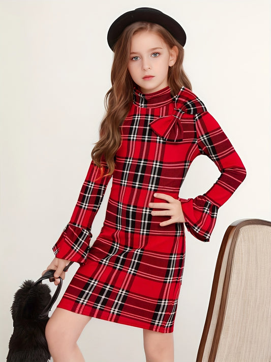 Charming Classic Plaid Long Sleeve Bow Decor Dress for Girls - Vintage-Inspired, Soft and Cozy, Perfect for Spring, Fall, Winter, and Christmas Gift Ideas