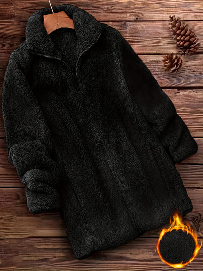 Zip Up Solid Teddy Coat, Casual Long Sleeve Winter Outerwear, Women's Clothing