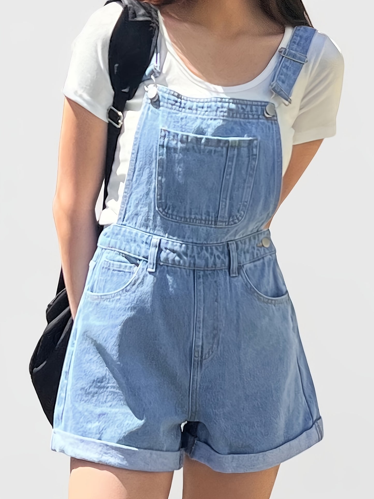 Womens Refined Denim Romper Shorts - Adjustable Buckle Straps, Cuffed Hem, Washed Jean Shortalls Playsuit, Sleeveless Overall for Effortless Summer Chic