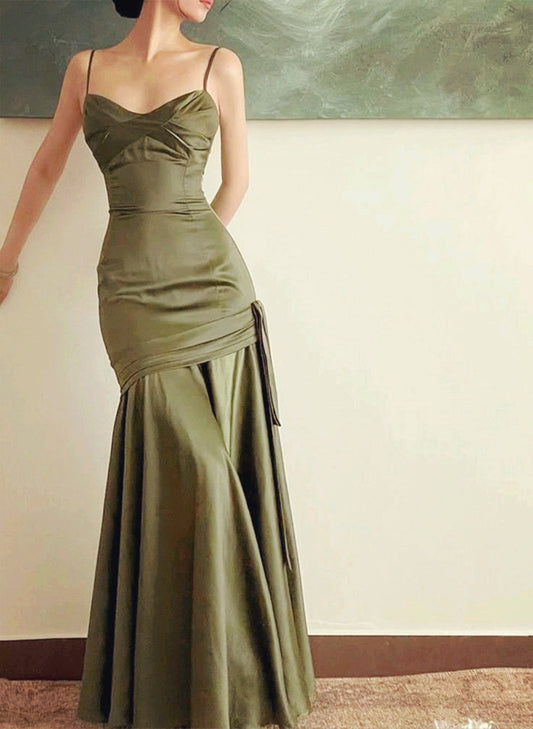 LOVECCRLovely Green Satin Sweetheart Straps Long Party Dress, Green Satin Prom Dress