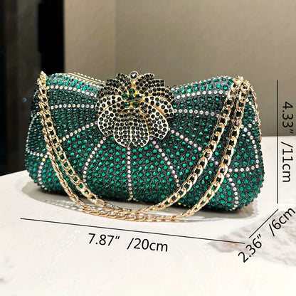 Luxurious Green Clutch Purse, Elegant Evening Bag With Golden Color Chain, Synthetic Material Handbag For Parties And Weddings