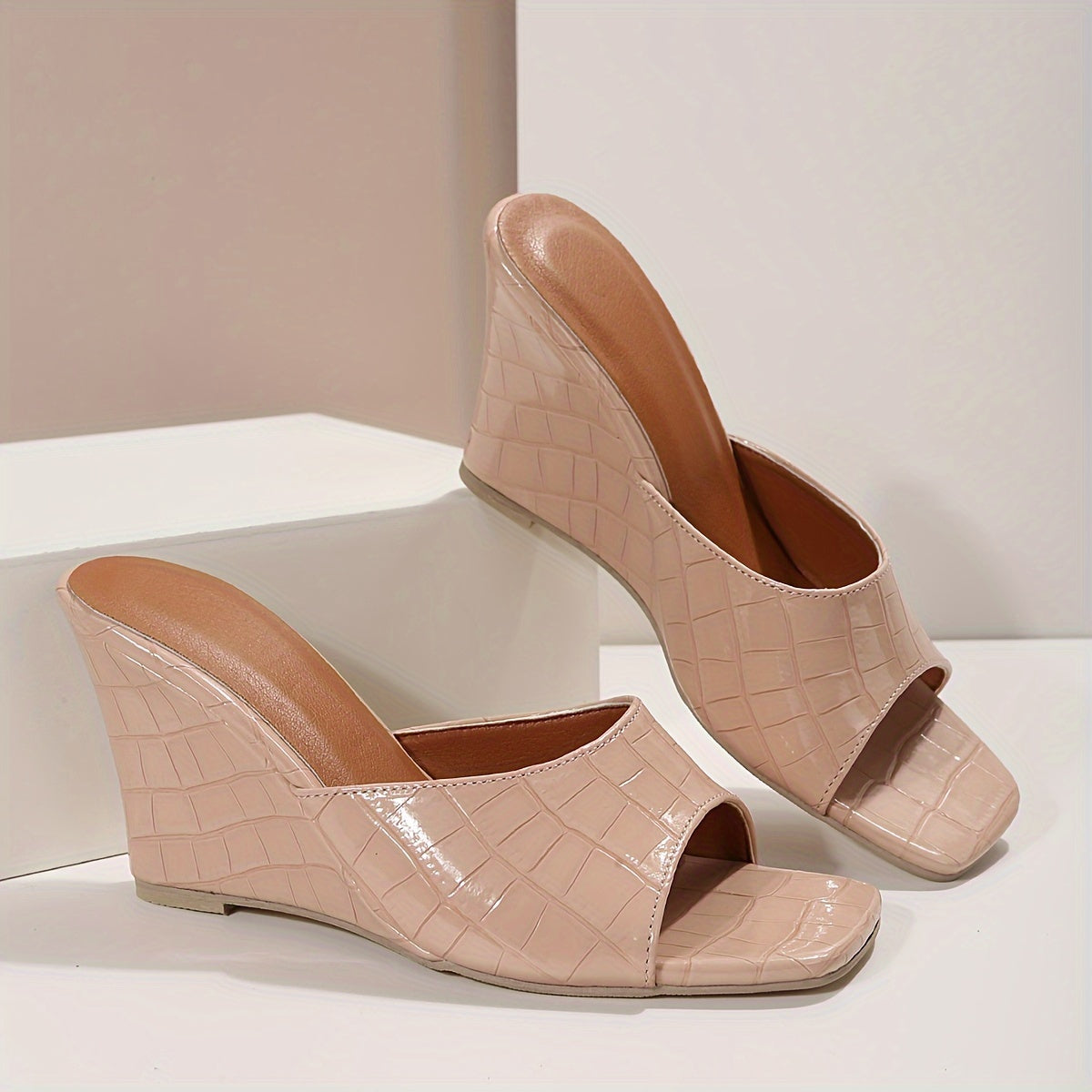 Chic Square Toe Wedge Sandals - Seamless Slip-On High Heels in Solid Colors - Trendy Fashion Slides for Evening Out