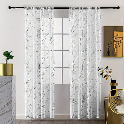 2pcs Golden Marble Printed Semi Blackout Sheer Curtains For Living Room & Bedroom Office Window Decoration Home Decor