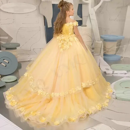 Yellow Off Shoulder Flower Girl Dress Pleat Birthday Wedding Party Dresses Costumes First Communion Quality High Drop