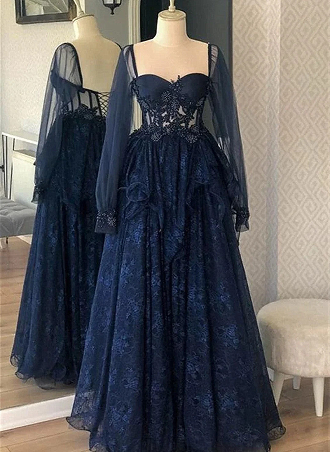 LOVECCRNavy Blue Tulle with Lace Long Sleeves Prom Dress, Navy Blue Party Dress