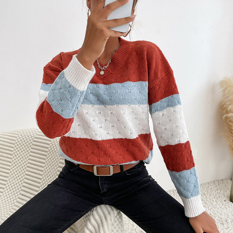 LOVECCR New  Hot Trade popular Spring and Autumn New Long Sleeve V-Neck Pullover Striped Color Matching Knitted Sweater