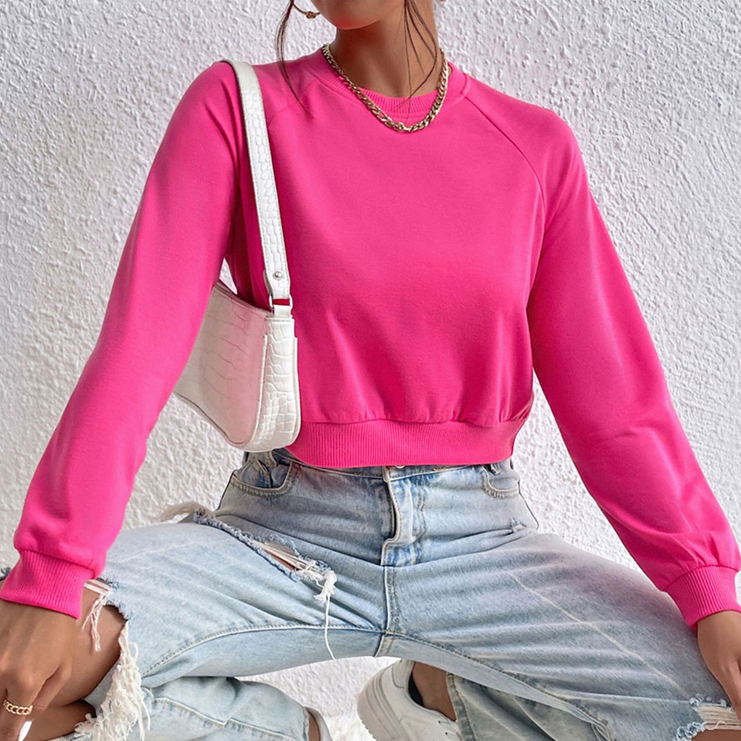 LOVECCR popular new New Popular trade leisure sports ragged sleeves top Popular trade short navel round neck pullover sweater women