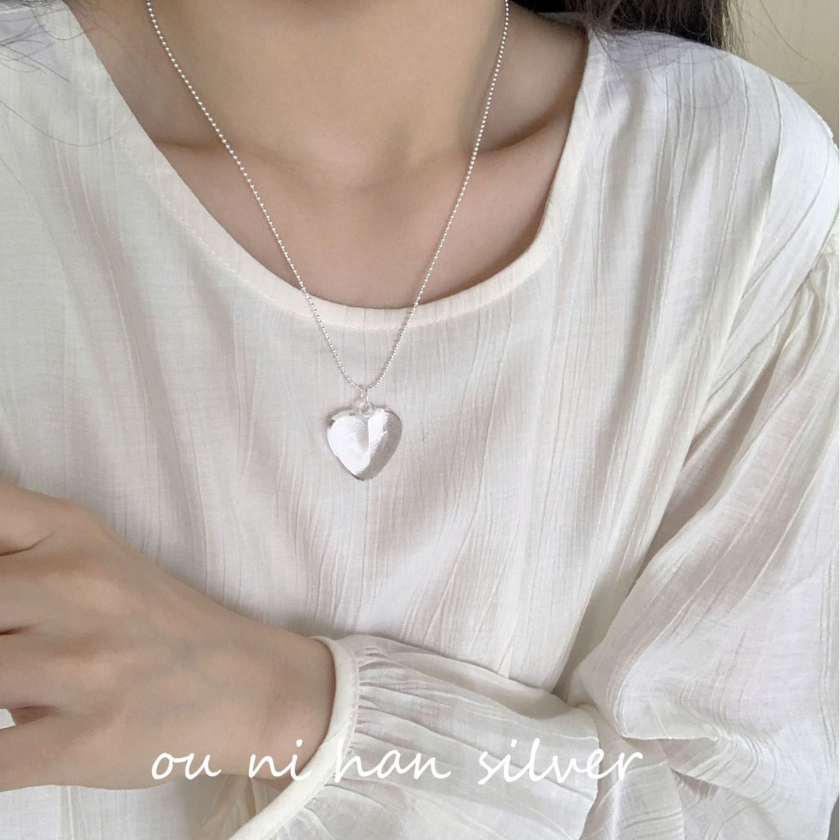 Oni South Korea Dongdaemun Transparent Big Heart Necklace Female S925 Sterling Silver Ins Special-Interest Design Simple Clavicle Chain