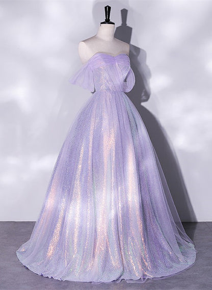 LOVECCRLavender A-line Tulle and Sequins Prom Dress, Off Shoulder Tulle Evening Dress