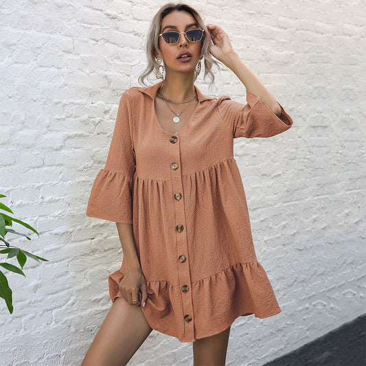 LOVECCR Hot summer new five-quarter-sleeved doll skirt temu hot sale 2025 new skirt button ruffle edge dress