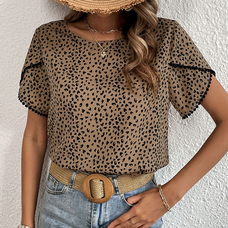 LOVECCR New popular summer new 2025 women's clothing design sense short sleeve leopard print lace splicing shirt women