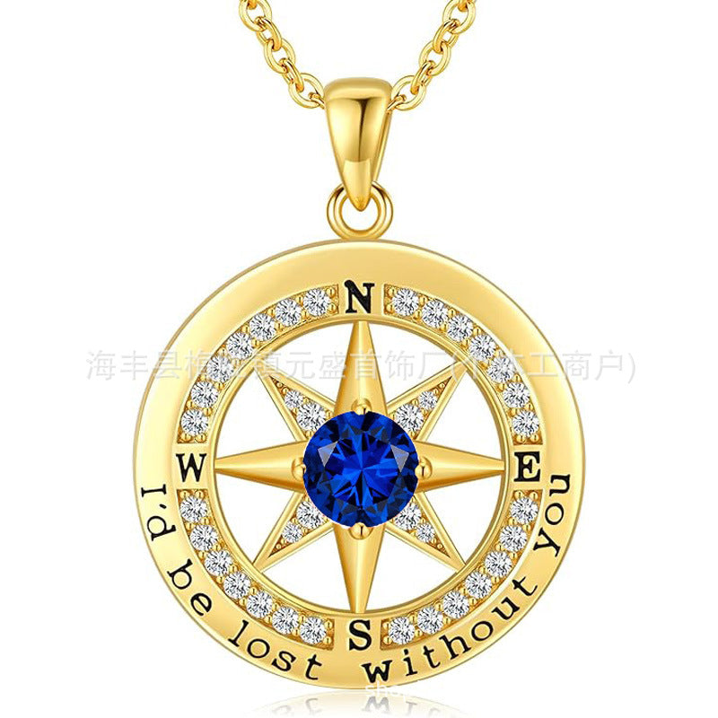 HOT and NEW Cross Border S925 Sterling Silver Compass Compass Necklace Female Twelve Birthstone  Pendant Clavicle Chain