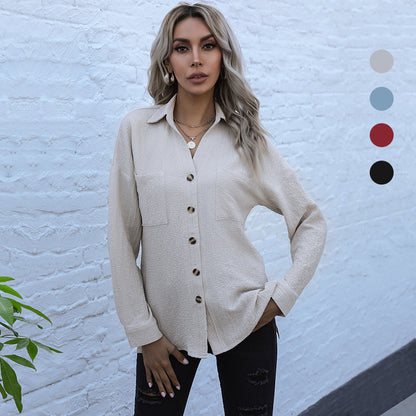 LOVECCR Cross-border retro lapel shirt 2025 solid color long-sleeved jacket casual cardigan women's autumn suit collar shirt wholesale