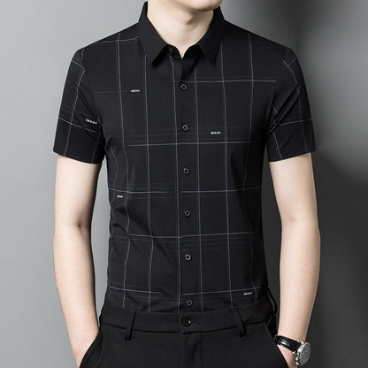 Summer New Short-Sleeved Men's Shirt Seamless Ice Silk Middle-Aged Business Leisure Plaid Men's Shirt Wholesale