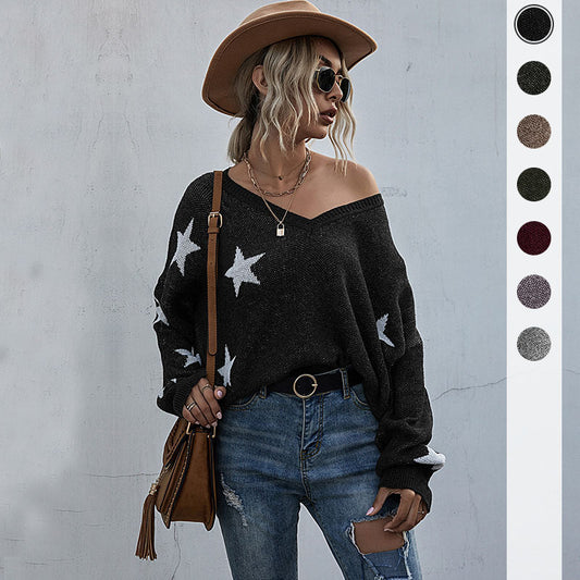 LOVECCR New  New Popular trade 2025 jacquard fringed knitted sweater women's V-neck design bat sleeve ripped sweater