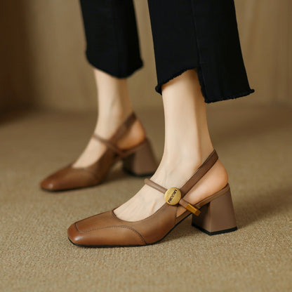 loveccr  New  Style Retro Closed Toe Pumps Mid Heel Chunky Heel Buckle High Heel Soft Leather Soft Bottom Square Head Mary