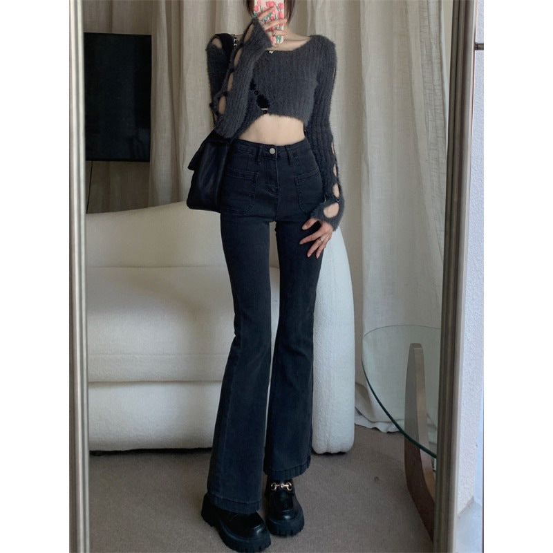 Black Bootcut Jeans Women's Spring High Waist Slimming Wide Leg Pants 2024 New Small Casual Horseshoe Pants