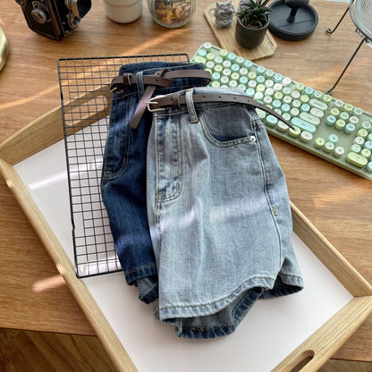 Retro Casual High Waist Denim Straight Shorts Women's Summer 2024 New Korean Style Slimming Wide Leg Pants with Belt