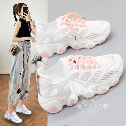 loveccr Dad Shoes Women's New Mesh Thin Hollow Breathable Sports Casual Versatile White Shoes for Spring and Summer