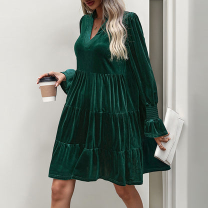 LOVECCR Europe and the United States  foreign trade women's clothing autumn atmosphere elegant skirt V-neck ruffle edge velvet dress