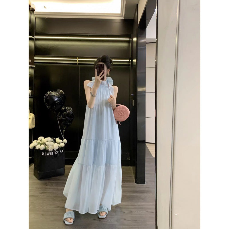 Star Zhang Bichen Wht Same Blue Bow Halter Spaghetti Straps Dress Summer Dress Seaside Vacation Skirt