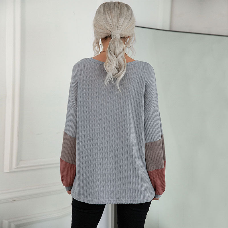 LOVECCR New  Hot Trade popular New 2025 Autumn Color Matching Long Sleeve Gray V-Neck Knitted Sweater