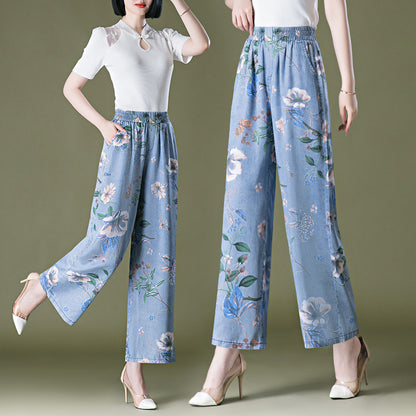 9258 Lyocell Jeans Wide Leg Pants Cropped Middle-Aged Women's Pants Colorful Pants Chinese Style Mom Culottes Summer Cool