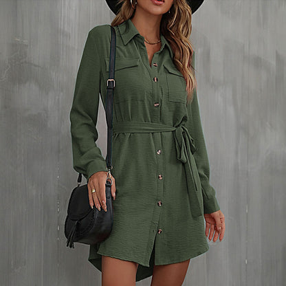 LOVECCR   Hot autumn 2025 cardigan shirt lapel women's commuter lace-up shirt dress