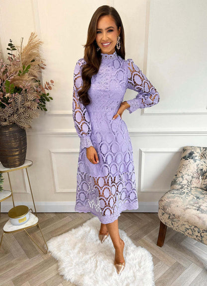 Spring New  Style Lace Stand Collar Puff Sleeve Waist Slimming Dress Graceful European and American Long Dress