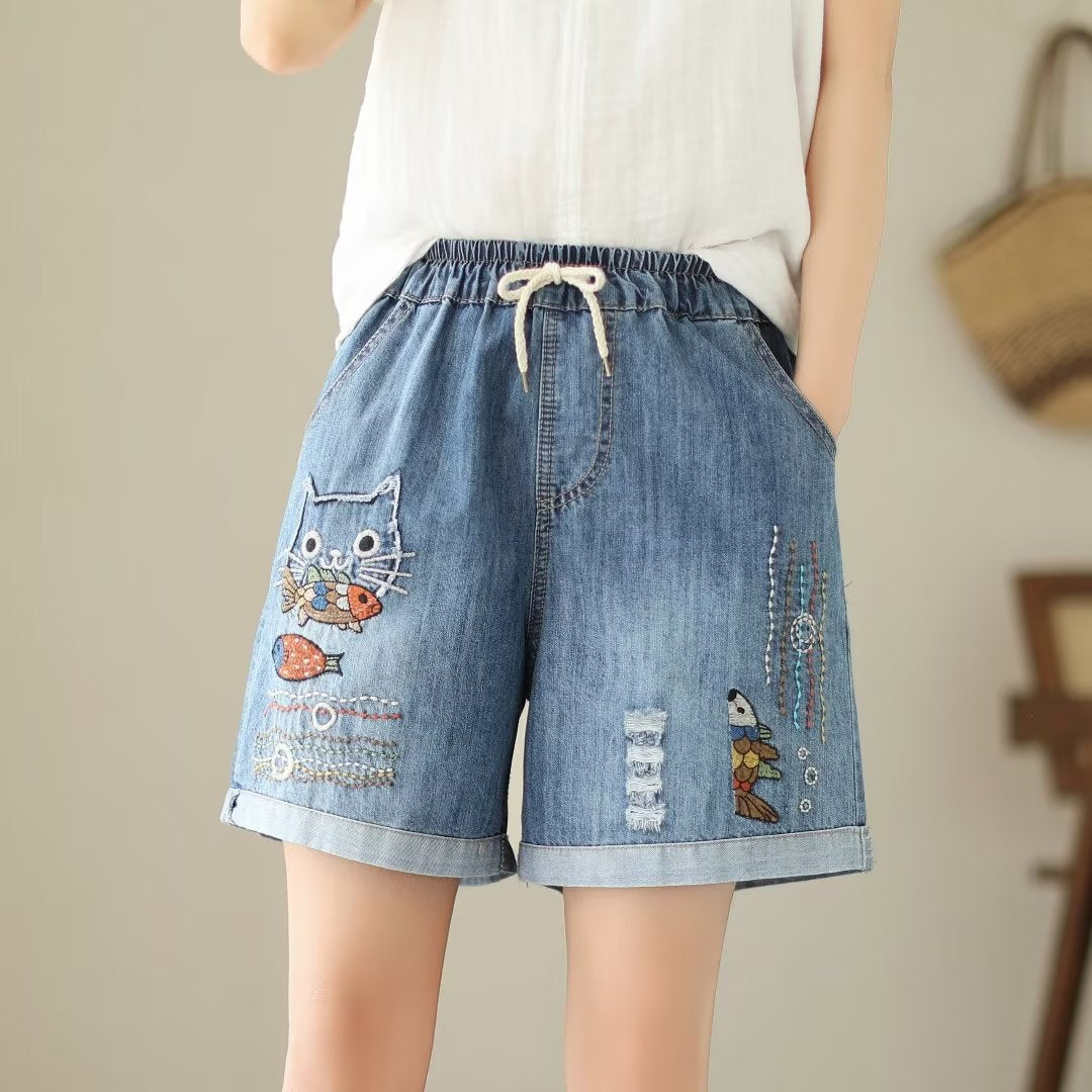 Japanese Style Denim Shorts Women's Summer Thin Loose Slimming Retro Casual Embroidered Shorts Wide Leg Pants