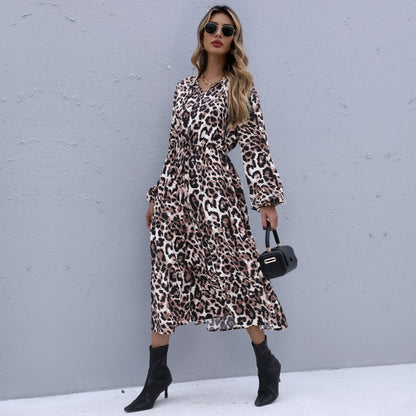 LOVECCR New Hot Autumn and Winter Women's Clothing Autumn New 2025 Leopard Print V-Neck Elastic Waist Strap Long Sleeve Dress