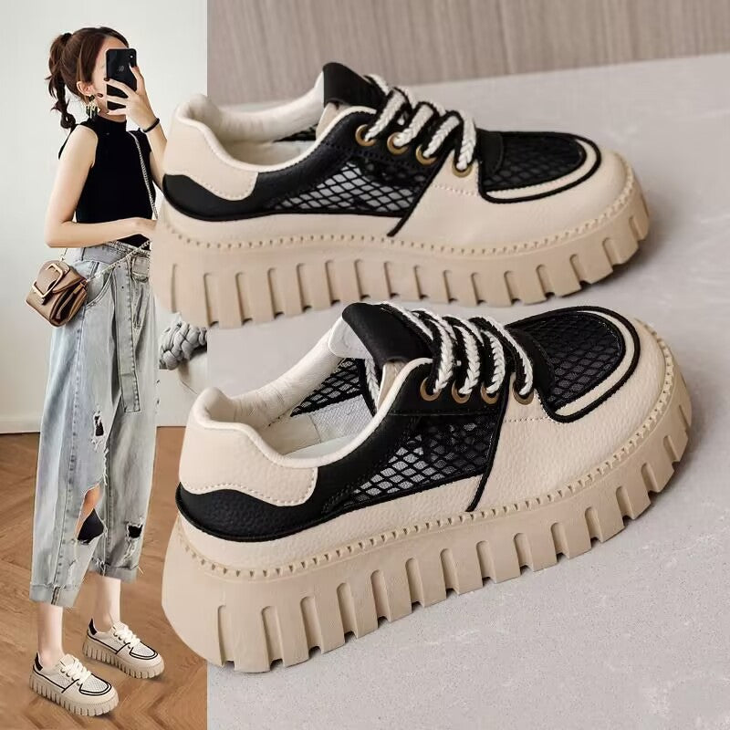 loveccr Women's Thick-Soled Height Increasing Sports White Shoes Mesh Surface Shoes  Summer New Mesh Breathable Platform Board Shoes Thin