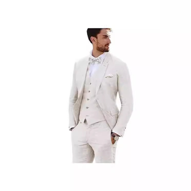 LOVECCR   Men's Linen Slim Fit Suit Wedding Western Slim Fit 3 Piece Set Groom Swallowtail Best Men's Prom Suit