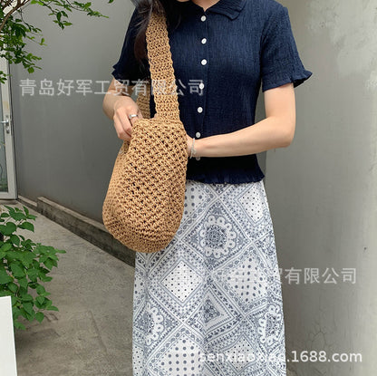 loveccr INS New Hollow-out Monofilament Paper-String Woven Bag Fashion Shoulder Straw Bag Casual Women's Bag Beach Bag