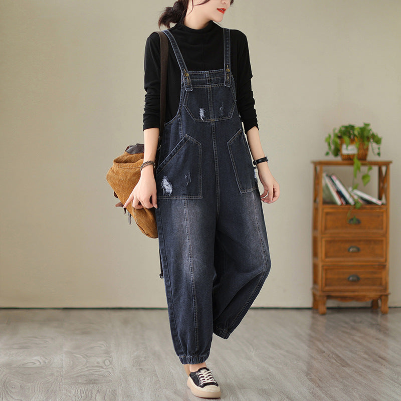 Real Shot 2024 Autumn New Denim Suspender Pants Korean Style plus Size Women's Clothing That Makes You Look Younger Loose Fashionable Denim Trousers Denim Trousers