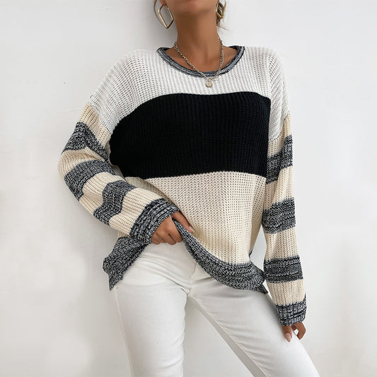 LOVECCR popular  New  Women's Clothing popular Autumn New Contrasting Color Pullover Knitted Loose Crew Neck Sweater